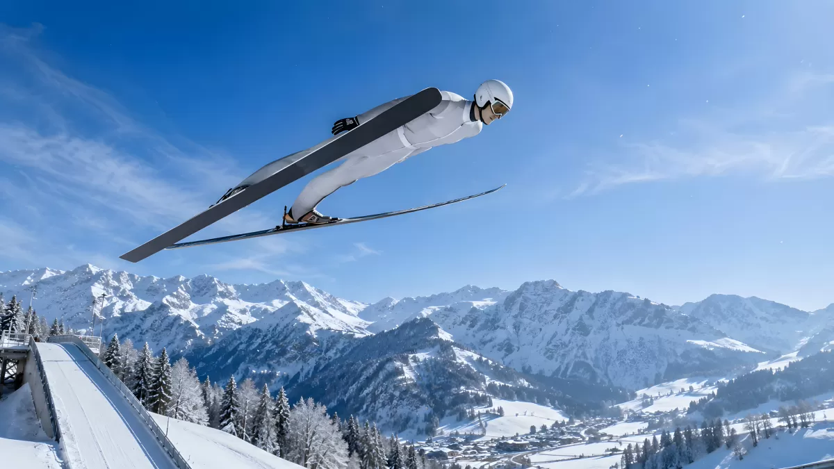 Skispringer in der Luft über verschneite Alpenlandschaft