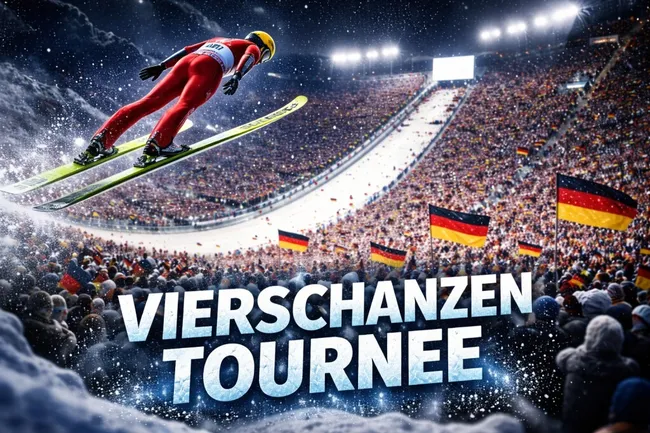 Skispringer vor jubelnder Menge in Winterlandschaft