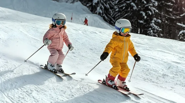 Skitfahrende Kinder in winterlicher Berglandschaft