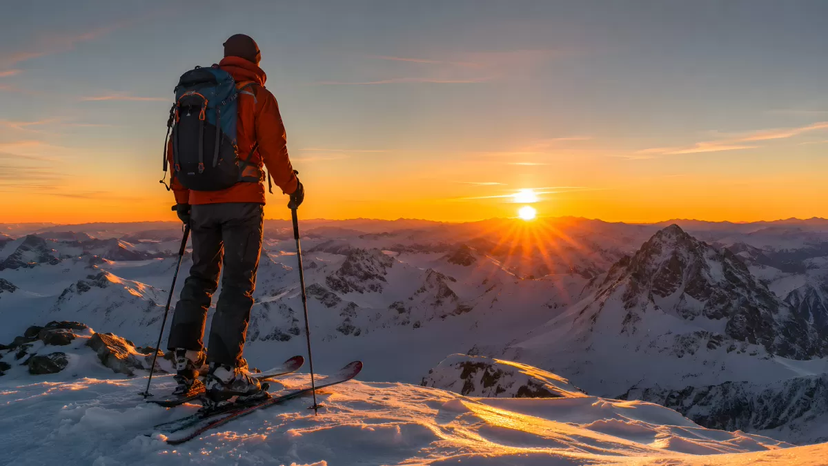 Skitourengeher auf Gipfel bewundert Sonnenuntergang