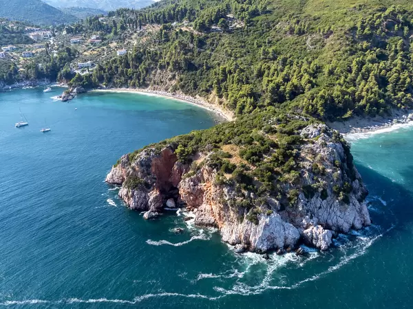 Skopelos, Greece: drone image of the headland where the tomb of Prince Stafylos was found in 1936