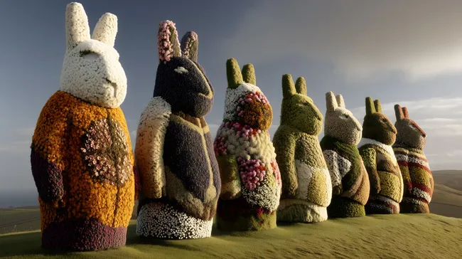 Skulpturenpark mit riesigen, blumenverzierten Osterhasen