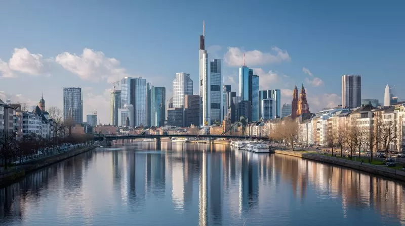 Skyline Frankfurt mit Hochhäusern und Fluss bei Tageslicht