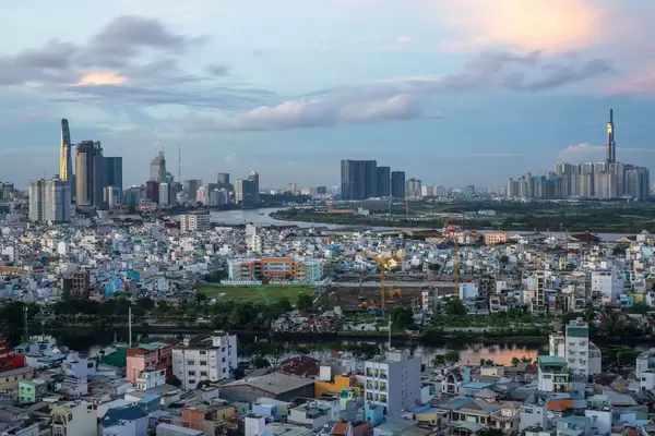 Skyline View of Ho Chi Minh City with Sun Reflection on the two tallest Buildings of the City