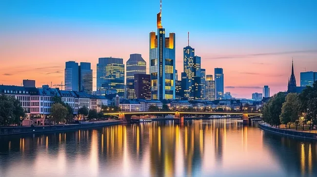 Skyline von Frankfurt bei Sonnenuntergang