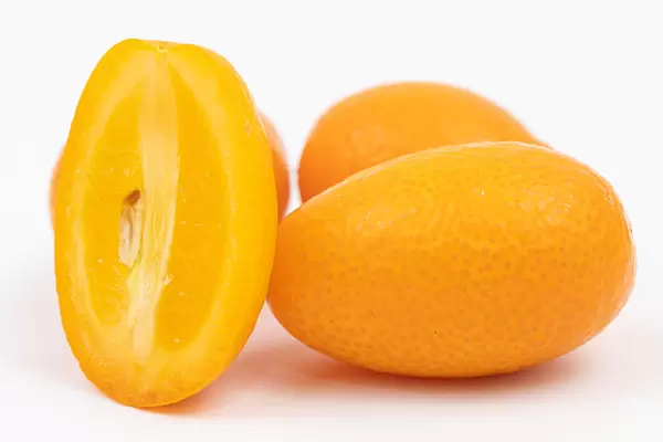 Sliced Kumquat above white background with copy space
