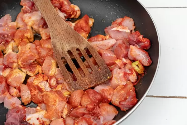Sliced raw Meat with Paprika Spices in the frying pan (Flip 2020)