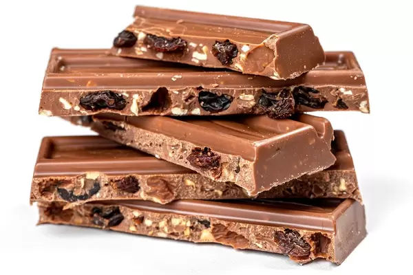 Slices of milk chocolate with nuts and raisins (Flip 2020)