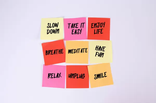 Slow Down, Take it Easy, Enjoy Life, Breathe, Meditate, Have Fun, Relax, Unplug, Smile - sticky notes set