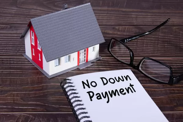 Small house with glasses and notebook with No Down Payment text