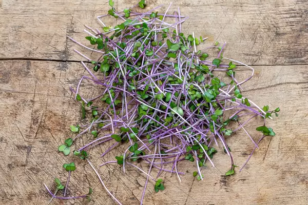 Small sprouts of cabbage on an old wooden background. Then if cabbage (Flip 2019)