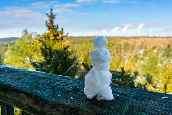 Small toy-sized snowman on the observation tower looking over German national forrest near Hamburg