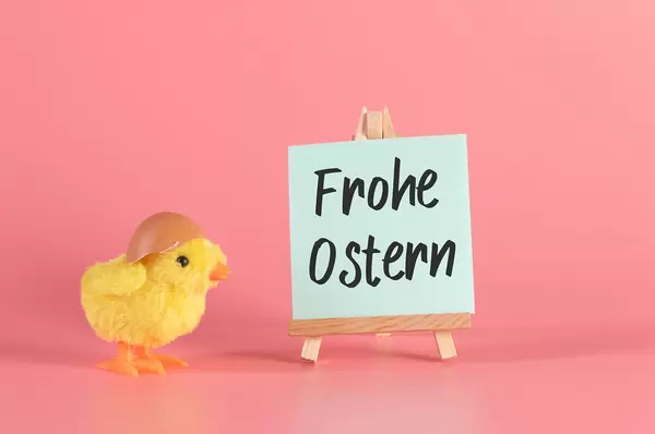 Small yellow chicken with Frohe Ostern text on pink bakcgound