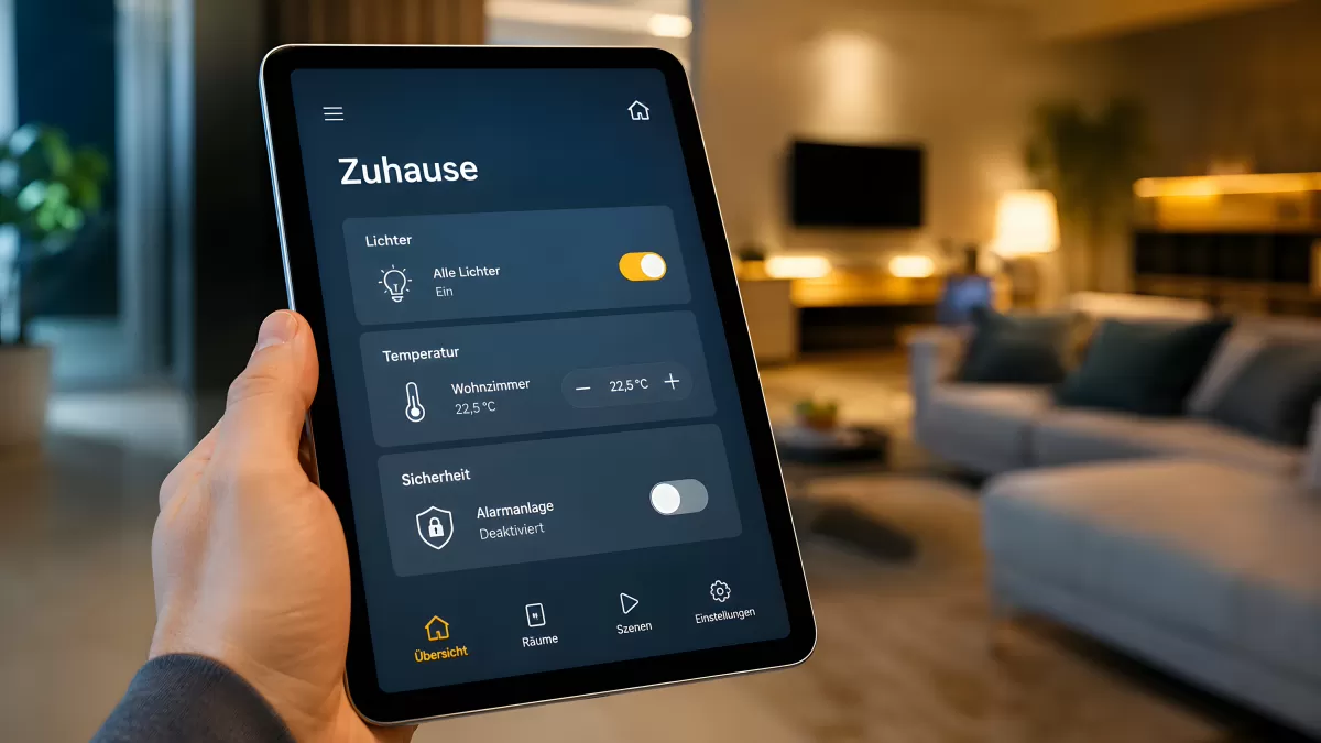 Smart-Home-App auf Tablet steuert Wohnzimmer