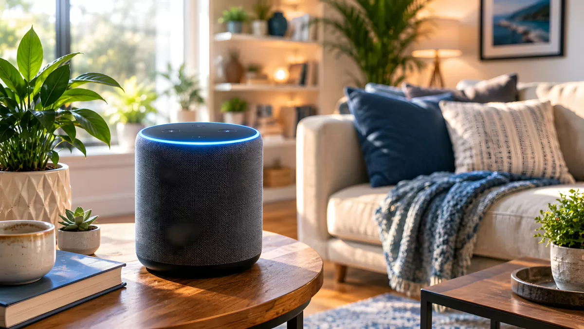 Smarter Lautsprecher im gemütlichen Wohnzimmer