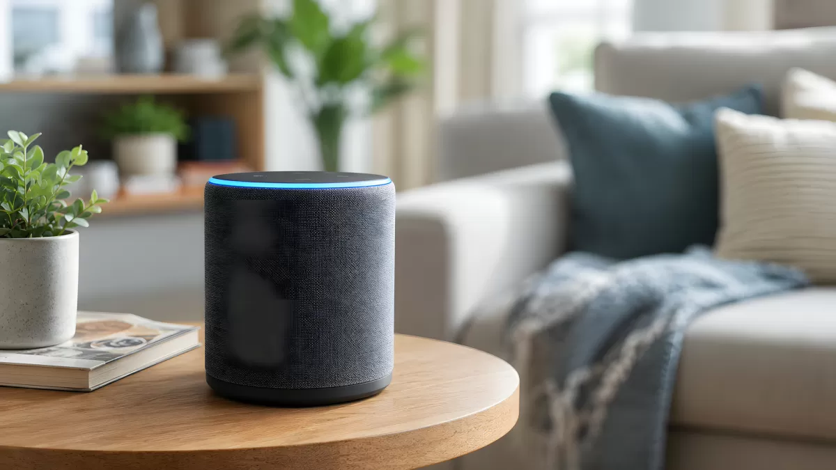 Smarter Lautsprecher mit blauem Leuchtring im Wohnzimmer