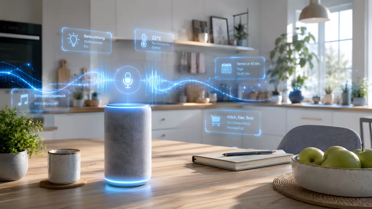 Smarter Lautsprecher mit KI-Assistent in moderner Küche
