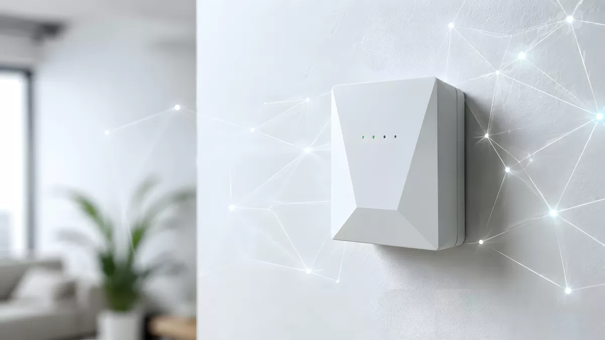 Smarter WLAN-Router an weißer Wand im Wohnbereich