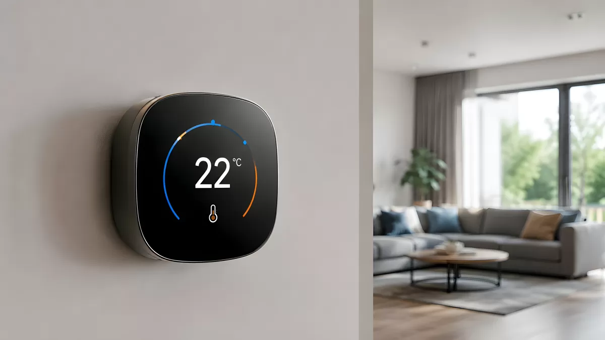 Smartes Thermostat zeigt 22 Grad im Wohnzimmer