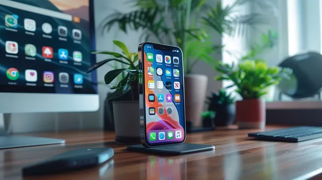 Smartphone auf modernem Schreibtisch mit grünen Pflanzen