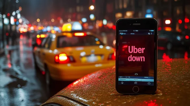 Smartphone auf regennassem Taxidach mit Uber-App