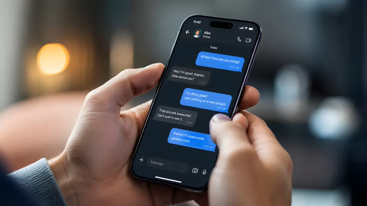 Smartphone-Chat in dunklem Messenger-Design
