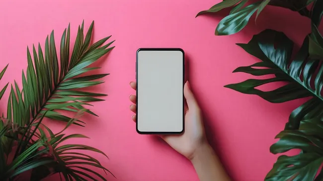 Smartphone-Display auf rosa Hintergrund mit Blättern