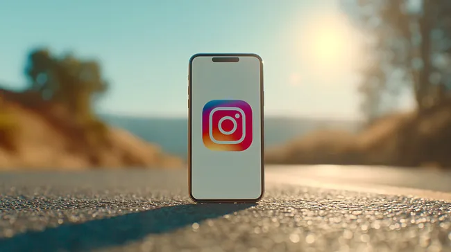 Smartphone-Foto mit Instagram-Logo bei Sonnenuntergang