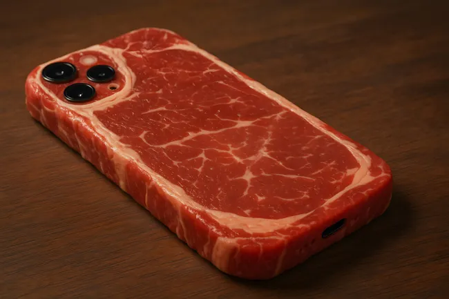 Smartphone-Hülle aus rohem Rindfleisch auf Holztisch