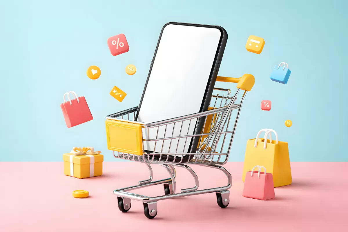 Smartphone im Einkaufswagen mit bunten Shopping-Icons