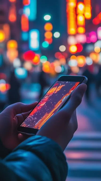 Smartphone in moderner Nachtstadt mit Lichterspiel