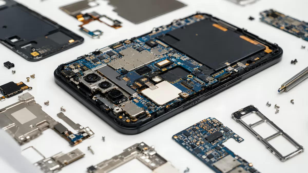 Smartphone komplett zerlegt mit Platine und Bauteilen