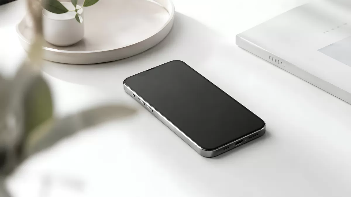 Smartphone liegt auf weißem Schreibtisch neben Pflanze