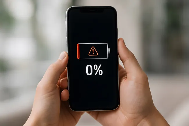 Smartphone mit 0% Akkuladung und Warnanzeige