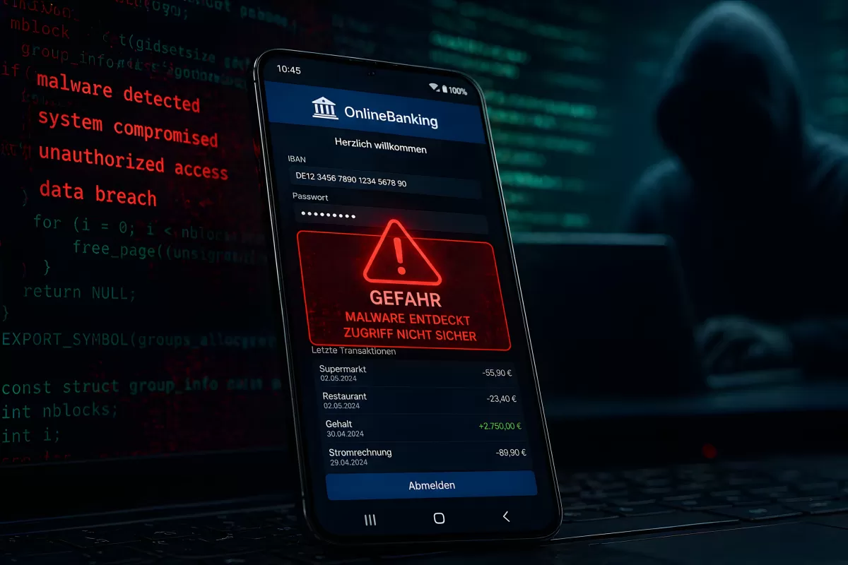 Smartphone mit Banking-App und Malware-Warnung