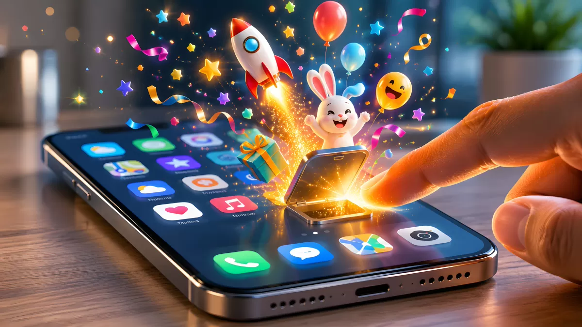 Smartphone mit bunten 3D-Elementen und Hasen-Figur