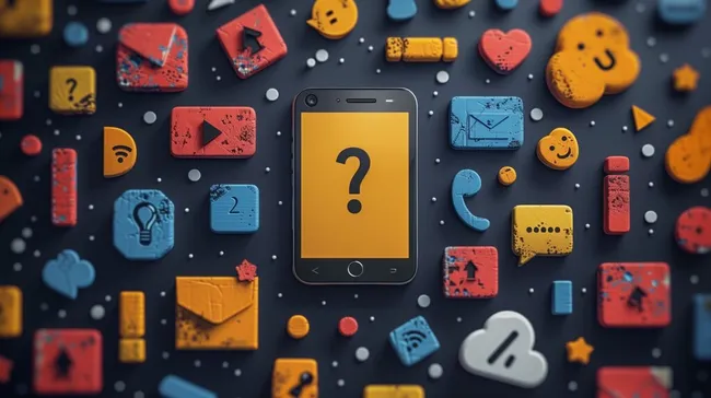 Smartphone mit bunten App-Symbolen und Fragezeichen