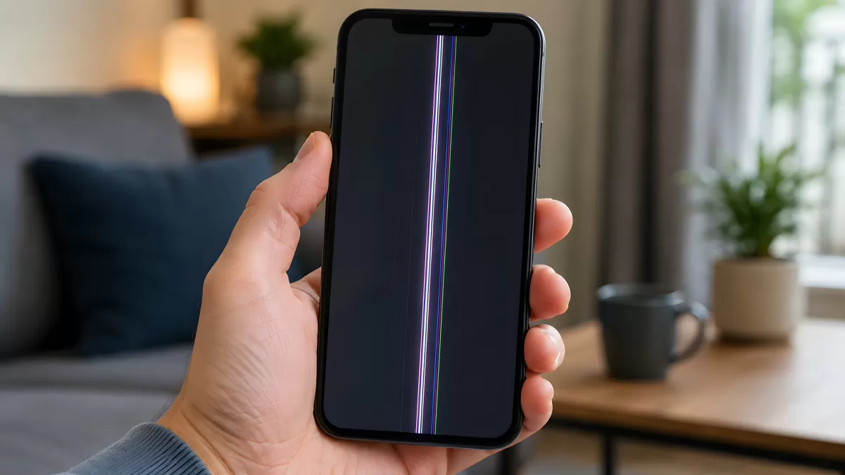 Smartphone mit defektem Display und Streifen in Hand