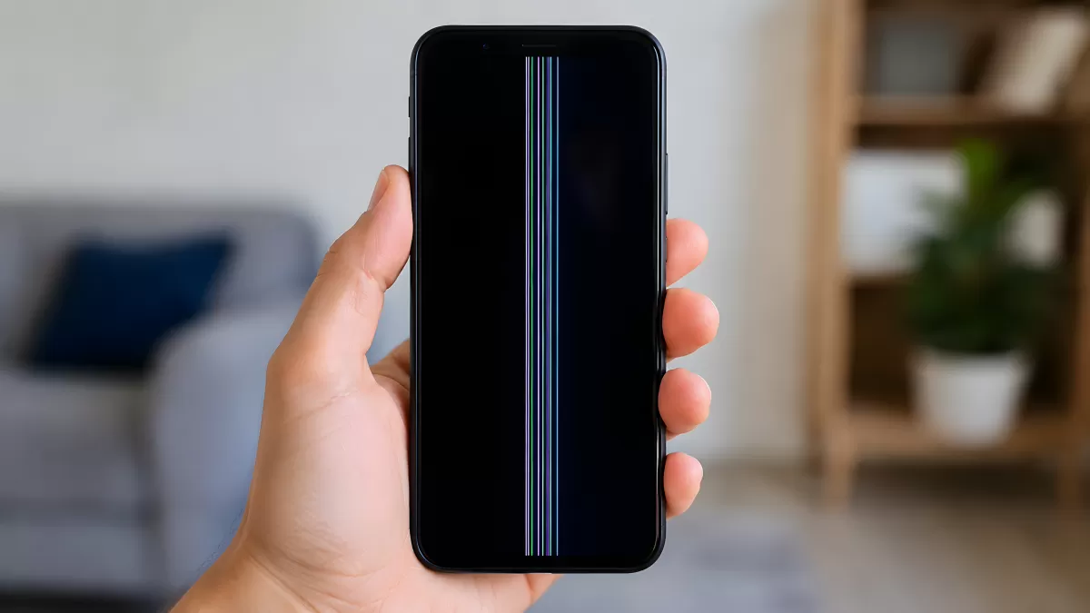 Smartphone mit defekten vertikalen Streifen auf Display