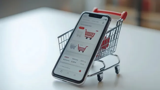 Smartphone mit E-Commerce-App auf Einkaufswagen