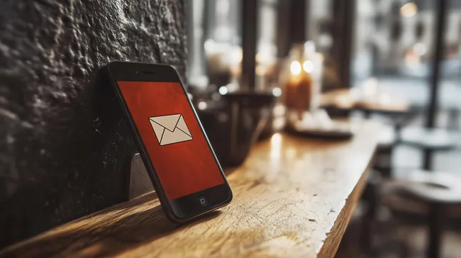 Smartphone mit E-Mail-Symbol in gemütlicher Café-Atmosphäre