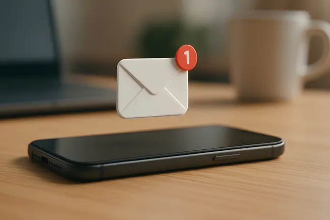 Smartphone mit E-Mail-Symbol und Benachrichtigung auf Holztisch