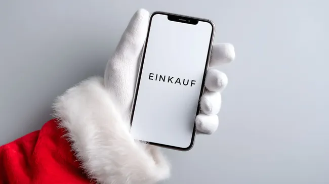 Smartphone mit Einkaufstext in Weihnachtsmannhand