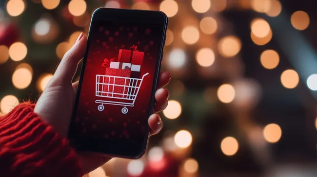 Smartphone mit Einkaufswagen-Symbol in Weihnachtsbeleuchtung