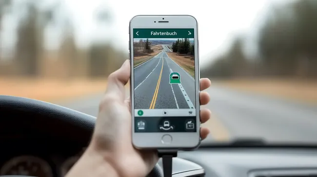 Smartphone mit Fahrtenbuch-App auf Landstraße