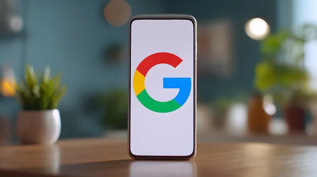 Smartphone mit Google-Logo auf modernem Büroschreibtisch