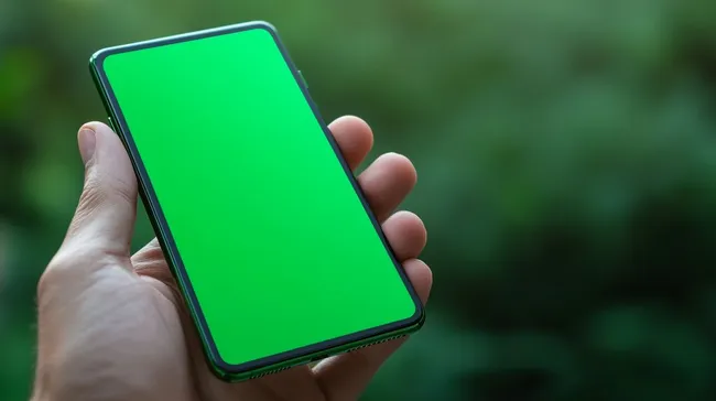 Smartphone mit grünem Bildschirm in Handnahaufnahme