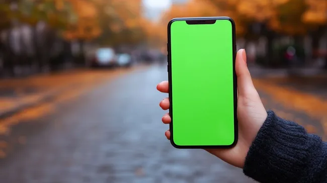 Smartphone mit grünem Bildschirm in Herbstlandschaft