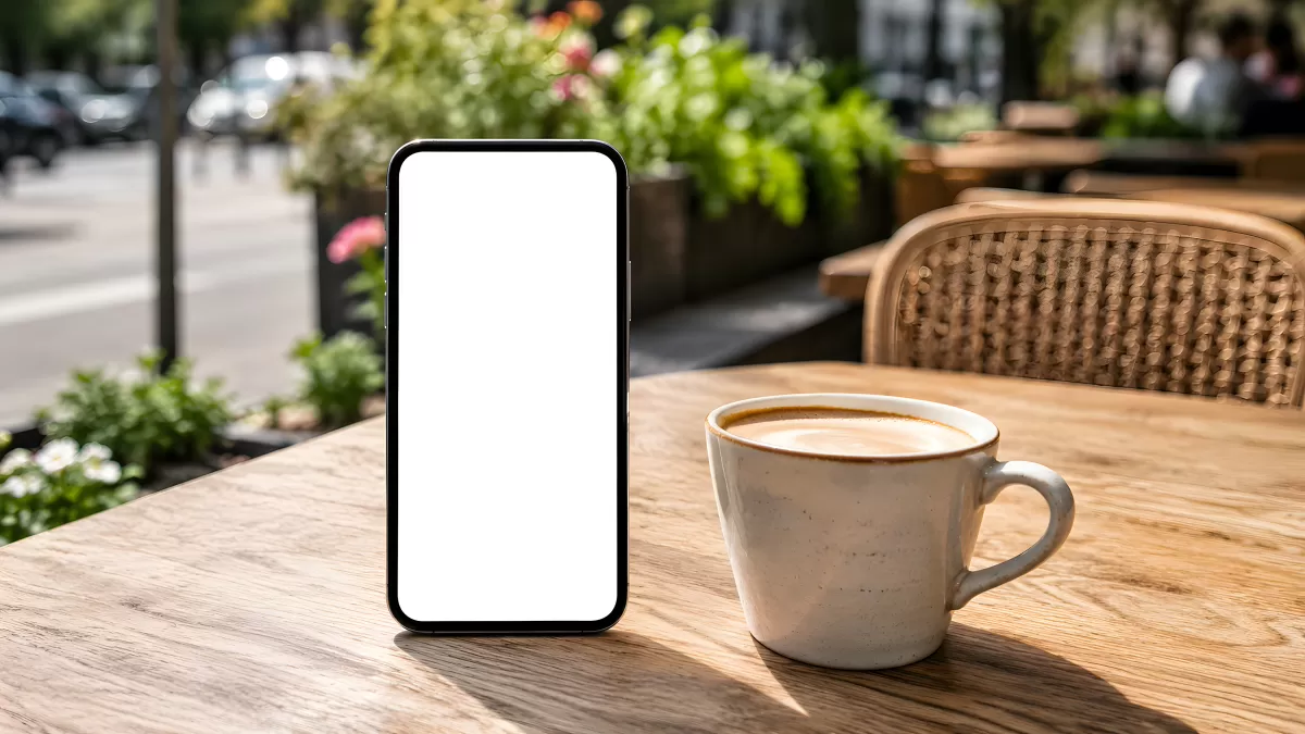 Smartphone mit leerem Bildschirm neben Kaffeetasse