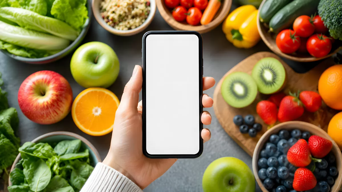 Smartphone mit leerem Bildschirm über frischem Obst und Gemüse